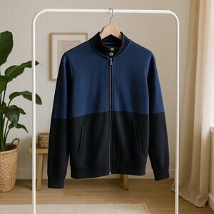 Belford Pima Cotton Snap Funnel Neck Knit Jacket Blue Two Tone Womens Medium